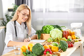 Female dietician sitting in front of a table filled with vegetables and fruit.